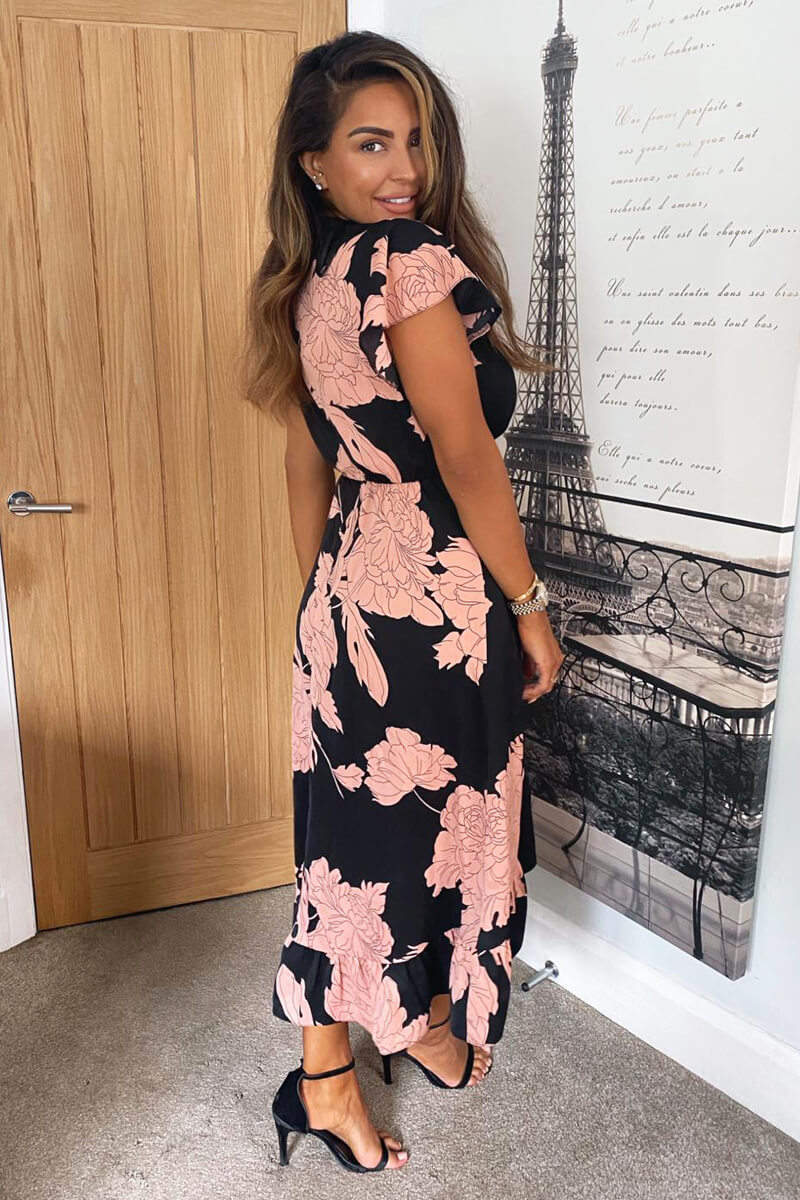 Black and Blush Floral Print Wrap Midi Dress * 20 pieces Black and Blush Floral Print Wrap Midi Dress * 20 pieces