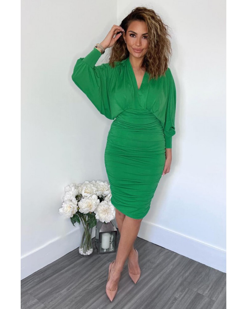 Green Ruched Bat Wing Sleeve Midi Dress