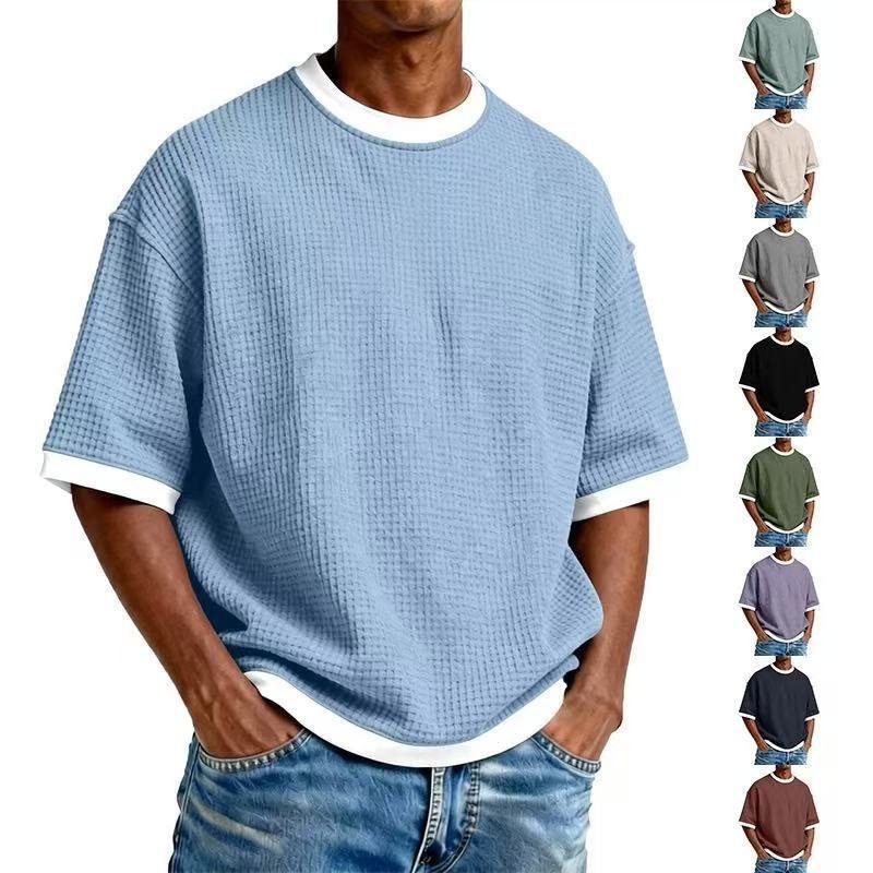 Camiseta Masculina Casual com Gola Redonda e Cores Contrastantes — Malha Leve de Algodão, Manga Curta, para o Dia a Dia