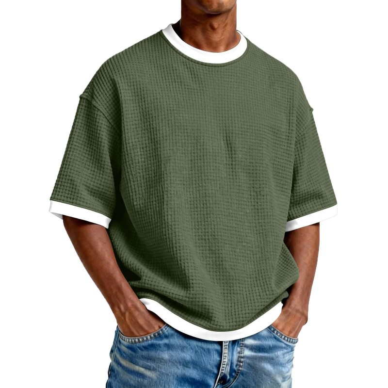 Camiseta Masculina Casual com Gola Redonda e Cores Contrastantes — Malha Leve de Algodão, Manga Curta, para o Dia a Dia