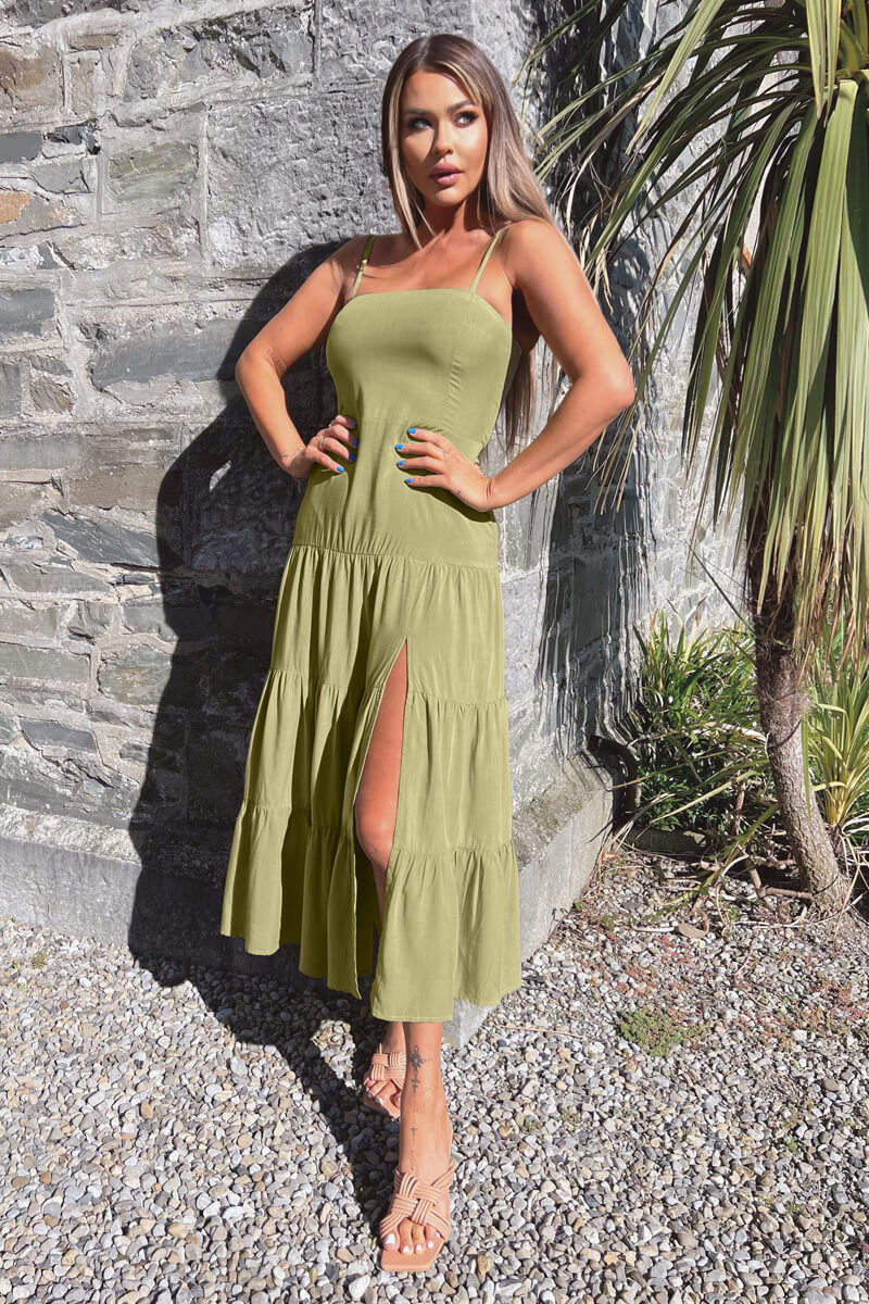 Khaki Strappy Smock Midi Dress Khaki Strappy Smock Midi Dress
