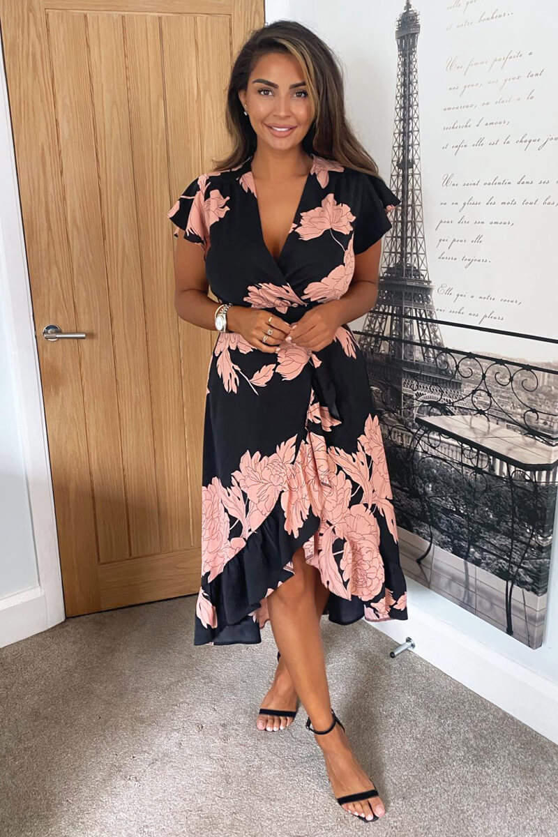 Black and Blush Floral Print Wrap Midi Dress * 20 pieces Black and Blush Floral Print Wrap Midi Dress * 20 pieces