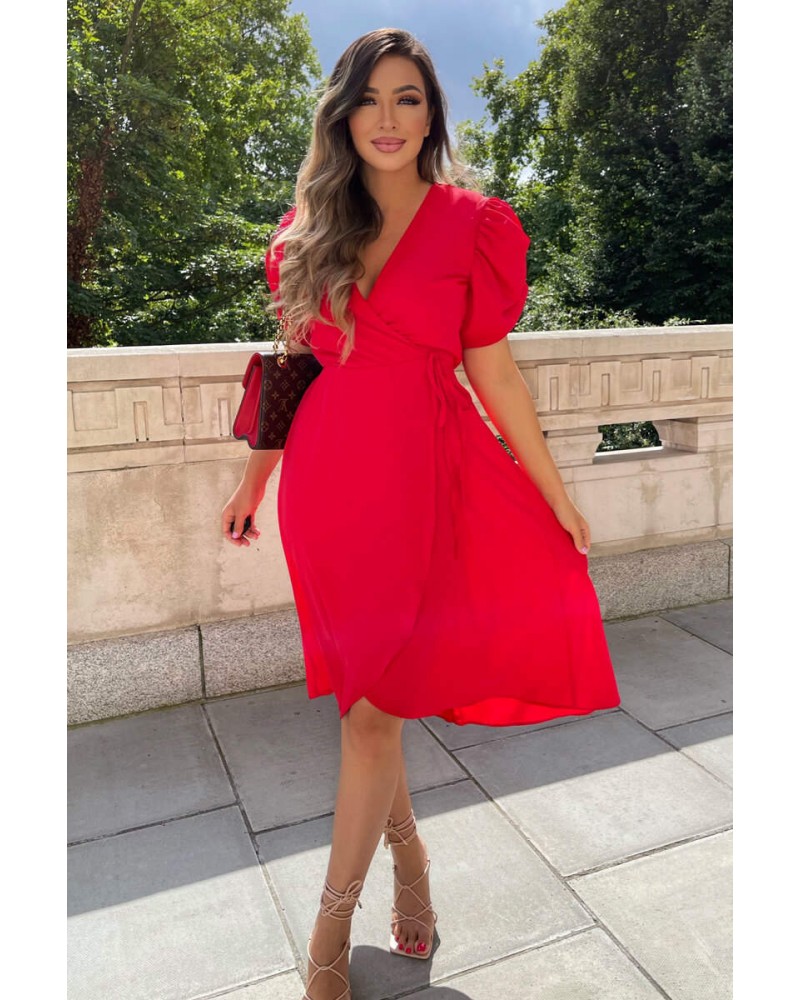Red Wrap Over Tie Midi Dress