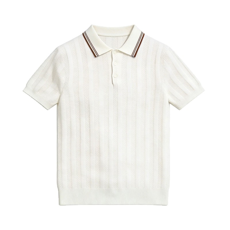 Camiseta de Tricô Masculina de Manga Curta com Gola Lapela e Listras Estilo Old Money