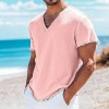 Camiseta Masculina de Algodão e Linho, Cor Sólida e Manga Curta