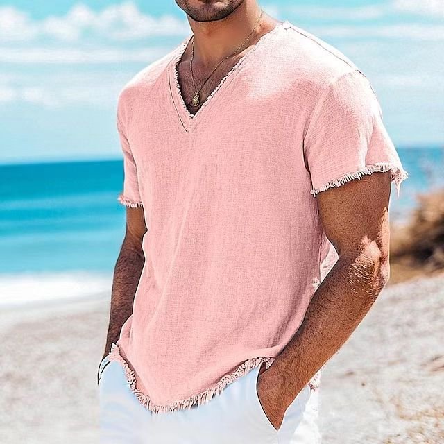 Camiseta Masculina de Algodão e Linho, Cor Sólida e Manga Curta