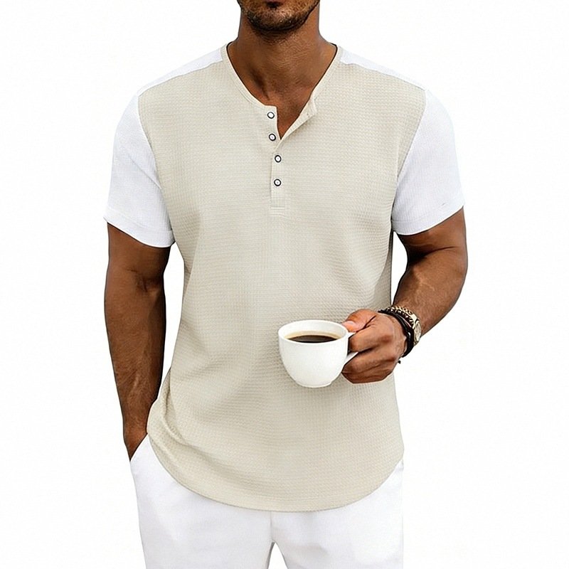 Camiseta Henley Masculina de Manga Curta, Corte Largo e Cores Contrastantes