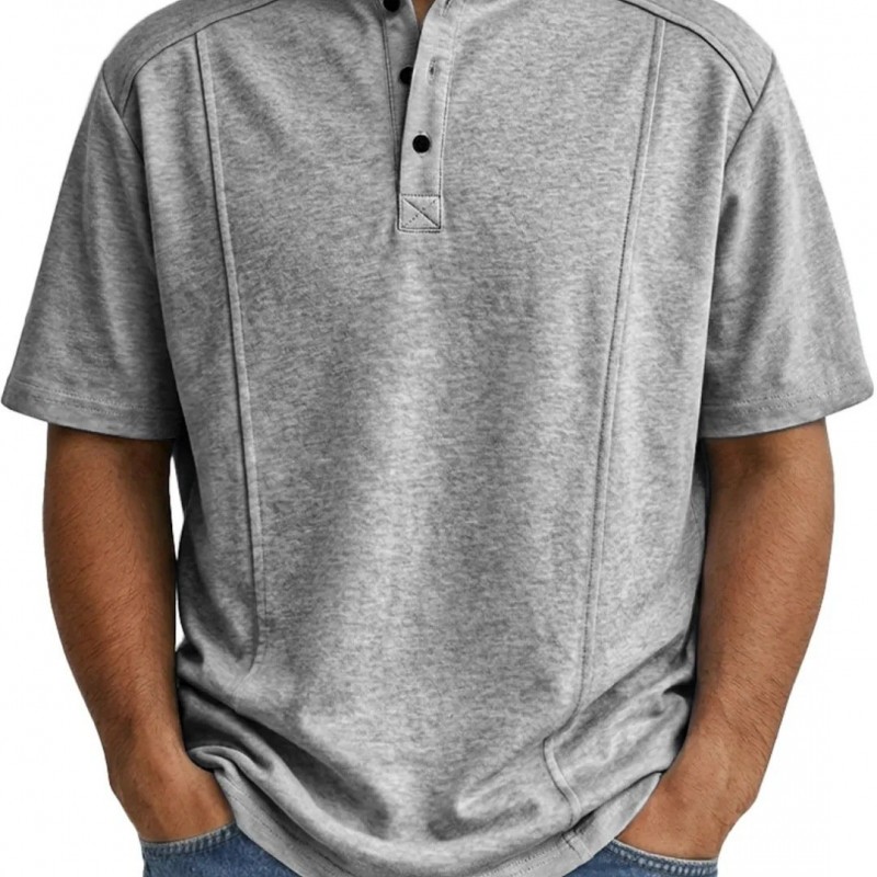 Camisa Polo Masculina de Tricô de Manga Curta com Gola Henley