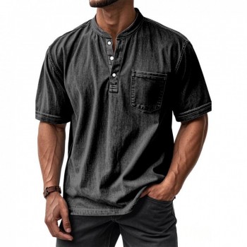 Camisa Masculina Casual de Manga Curta com Botões e Gola Redonda, Combina com Tudo