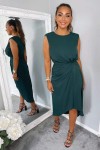 Teal Gathered Midi Dress With Padded Shoulders