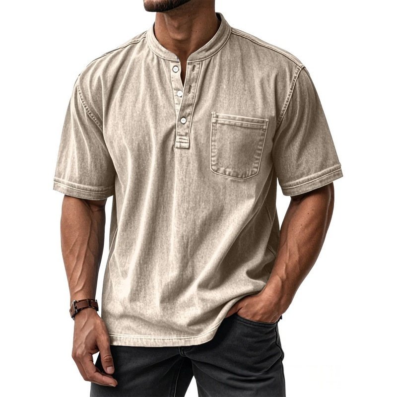 Camisa Masculina Casual de Manga Curta com Botões e Gola Redonda, Combina com Tudo