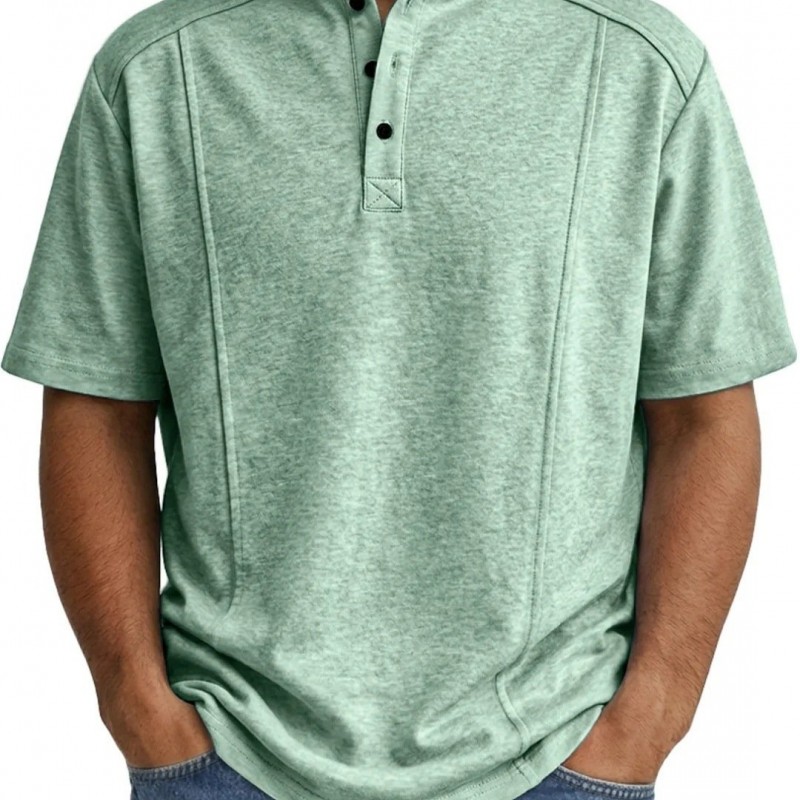 Camisa Polo Masculina de Tricô de Manga Curta com Gola Henley