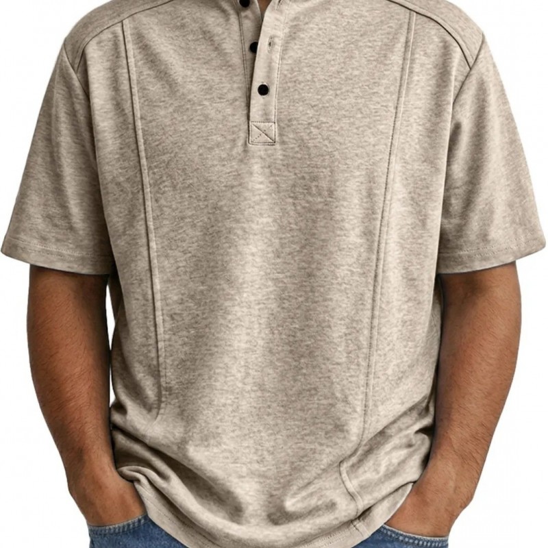 Camisa Polo Masculina de Tricô de Manga Curta com Gola Henley
