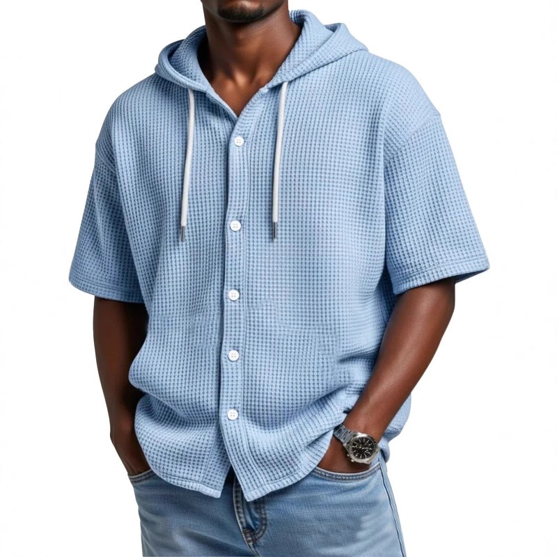 Blusa Casual de Manga Curta com Capuz e Trama Waffle, para Primavera e Verão
