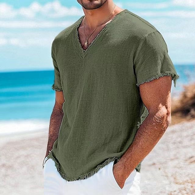 Camiseta Masculina de Algodão e Linho, Cor Sólida e Manga Curta