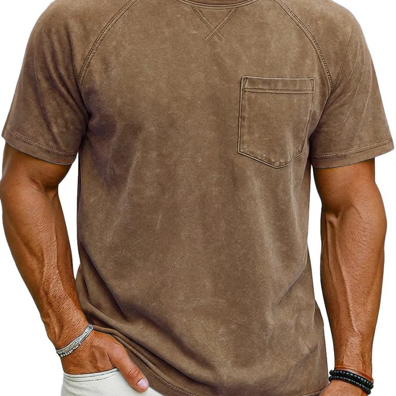 Camiseta Masculina Casual Retrô com Manga Raglan, Gola Redonda e Acabamento Envelhecido