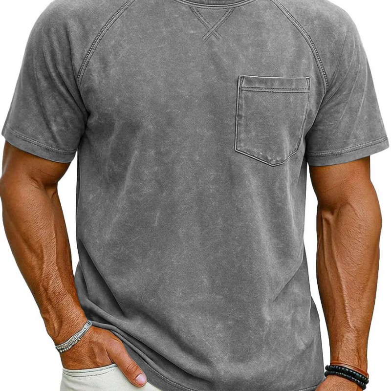 Camiseta Masculina Casual Retrô com Manga Raglan, Gola Redonda e Acabamento Envelhecido
