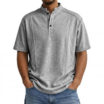 Camisa Polo Masculina de Tricô de Manga Curta com Gola Henley