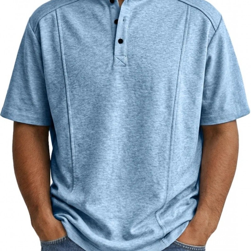 Camisa Polo Masculina de Tricô de Manga Curta com Gola Henley