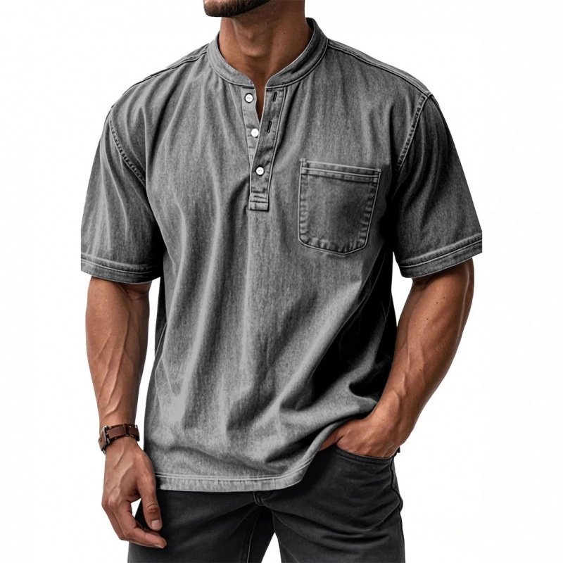 Camisa Masculina Casual de Manga Curta com Botões e Gola Redonda, Combina com Tudo