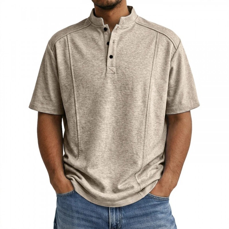 Camisa Polo Masculina de Tricô de Manga Curta com Gola Henley