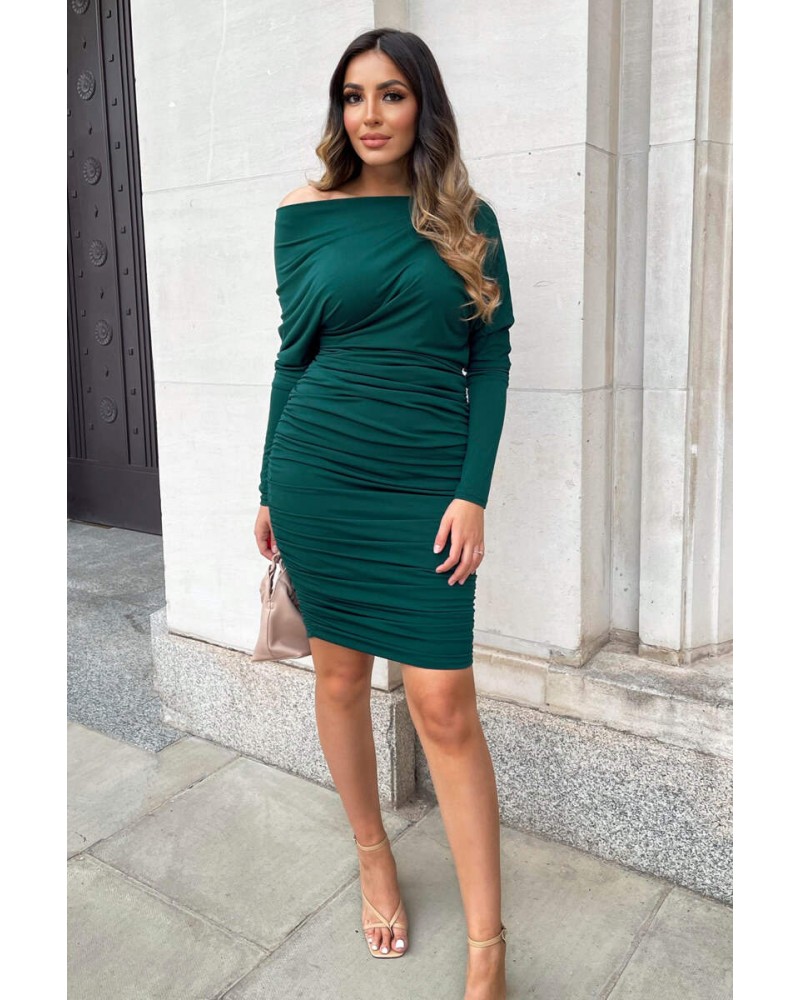 Teal Off The Shoulder Ruched Stretch Midi Dress