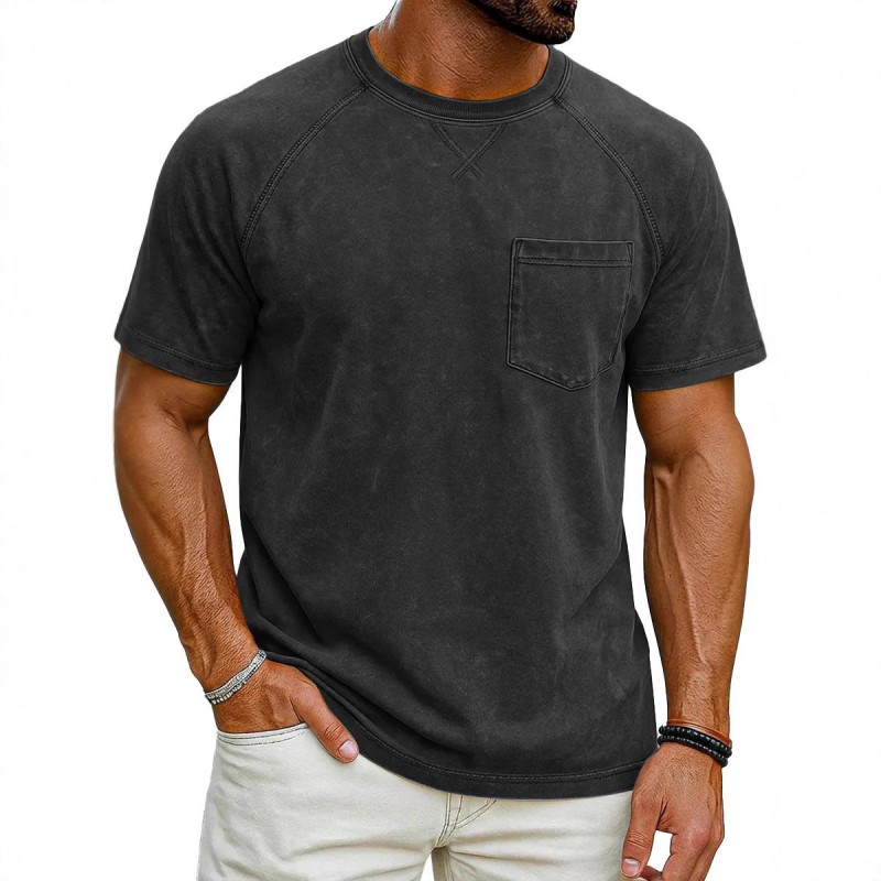 Camiseta Masculina Casual Retrô com Manga Raglan, Gola Redonda e Acabamento Envelhecido