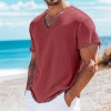 Camiseta Masculina de Algodão e Linho, Cor Sólida e Manga Curta