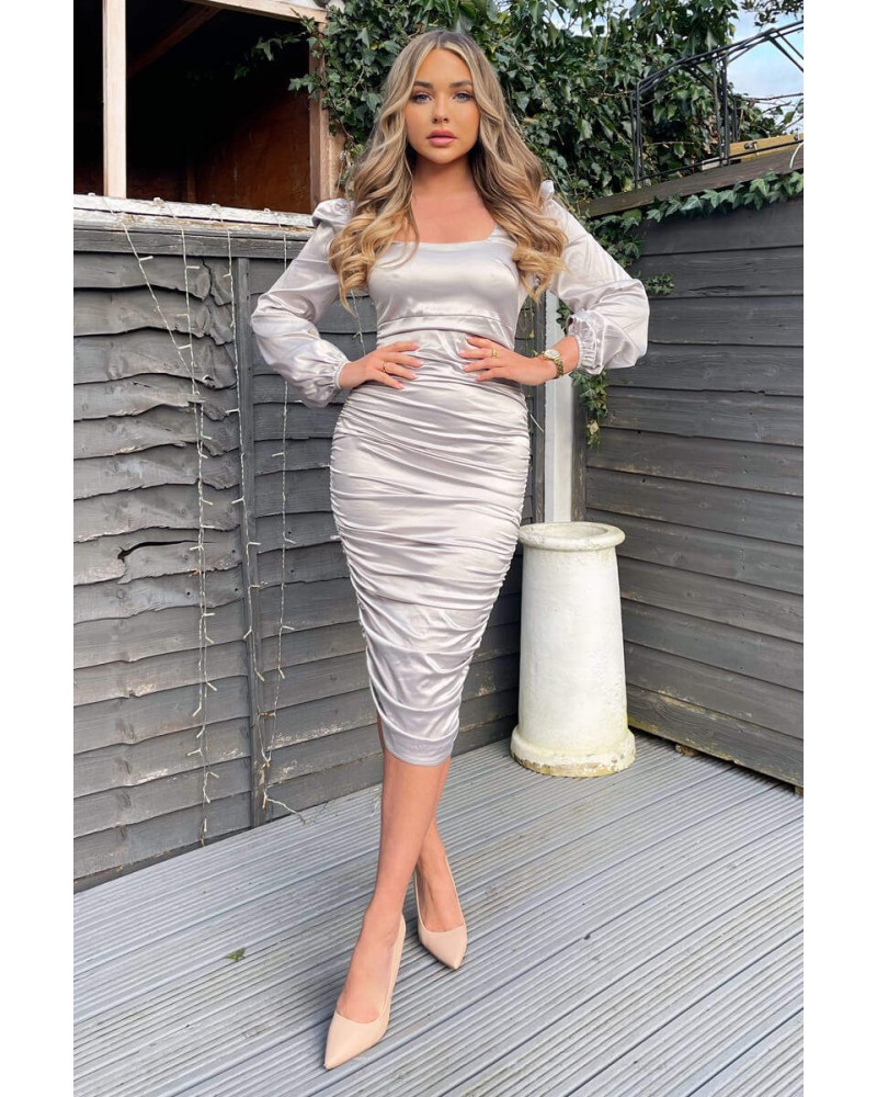 Oyster Satin Square Neck Ruched Dress