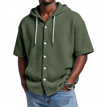 Blusa Casual de Manga Curta com Capuz e Trama Waffle, para Primavera e Verão