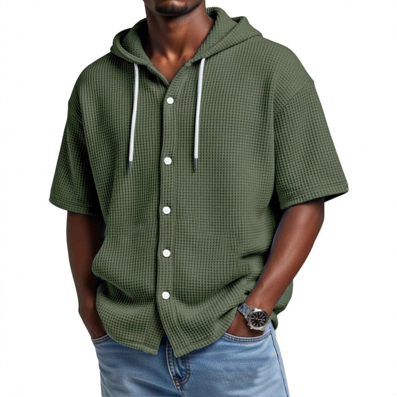 Blusa Casual de Manga Curta com Capuz e Trama Waffle, para Primavera e Verão