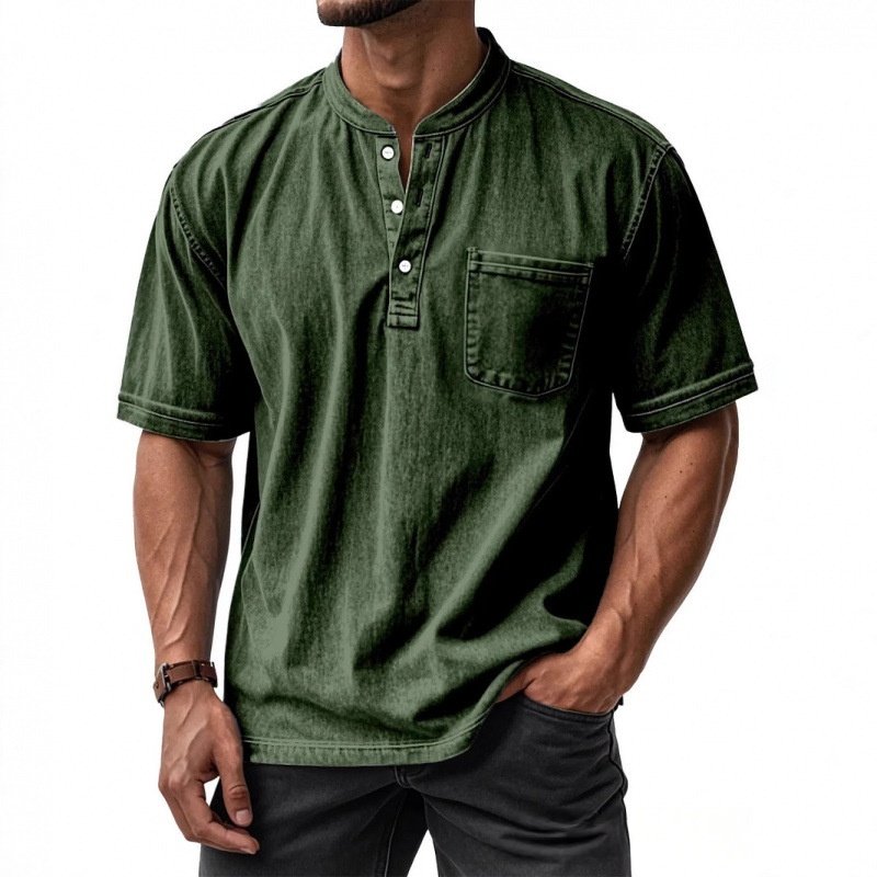 Camisa Masculina Casual de Manga Curta com Botões e Gola Redonda, Combina com Tudo