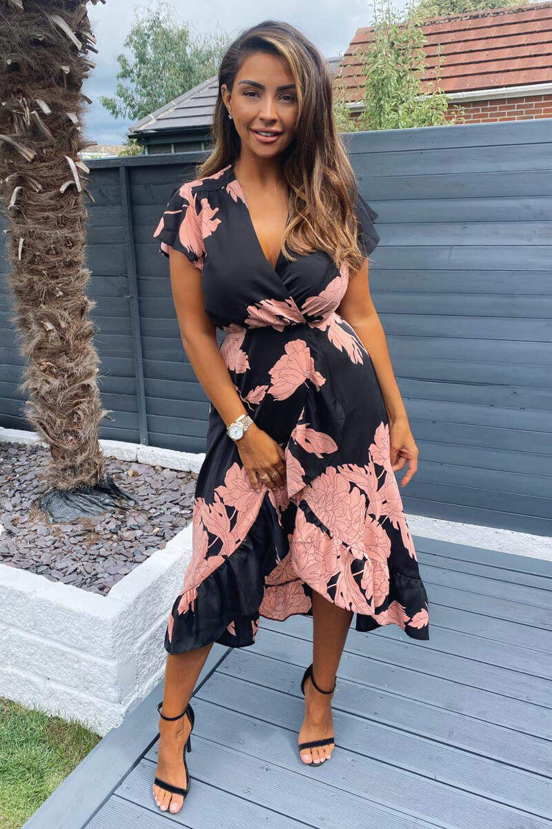 Black and Blush Floral Print Wrap Midi Dress * 20 pieces Black and Blush Floral Print Wrap Midi Dress * 20 pieces