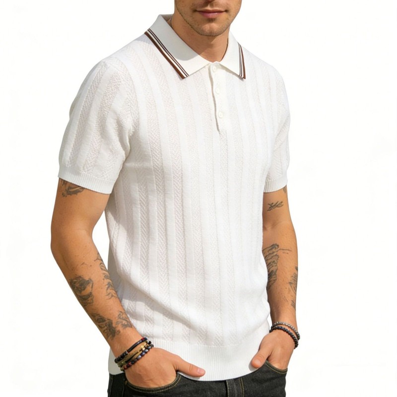 Camiseta de Tricô Masculina de Manga Curta com Gola Lapela e Listras Estilo Old Money