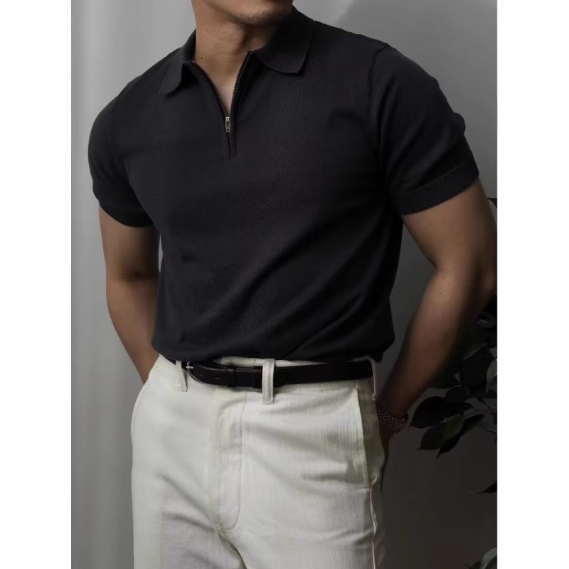 Camisa de Tricô Masculina de Verão, Manga Curta, Cor Sólida e Corte Ajustado