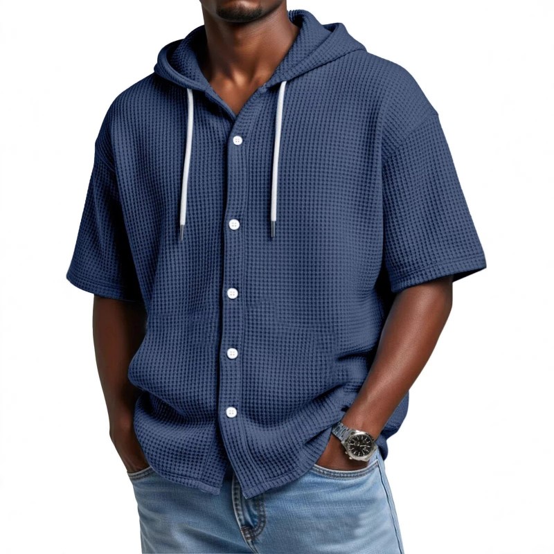 Blusa Casual de Manga Curta com Capuz e Trama Waffle, para Primavera e Verão