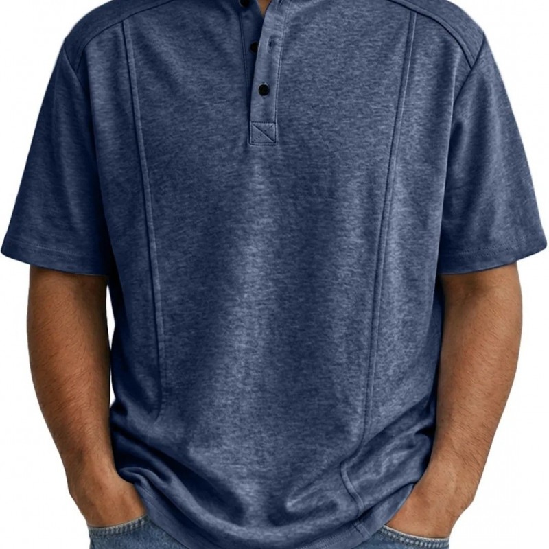 Camisa Polo Masculina de Tricô de Manga Curta com Gola Henley