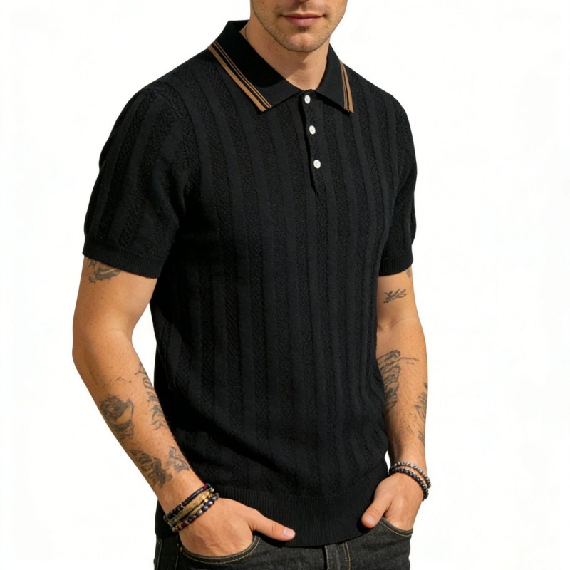 Camiseta de Tricô Masculina de Manga Curta com Gola Lapela e Listras Estilo Old Money