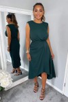 Teal Gathered Midi Dress With Padded Shoulders