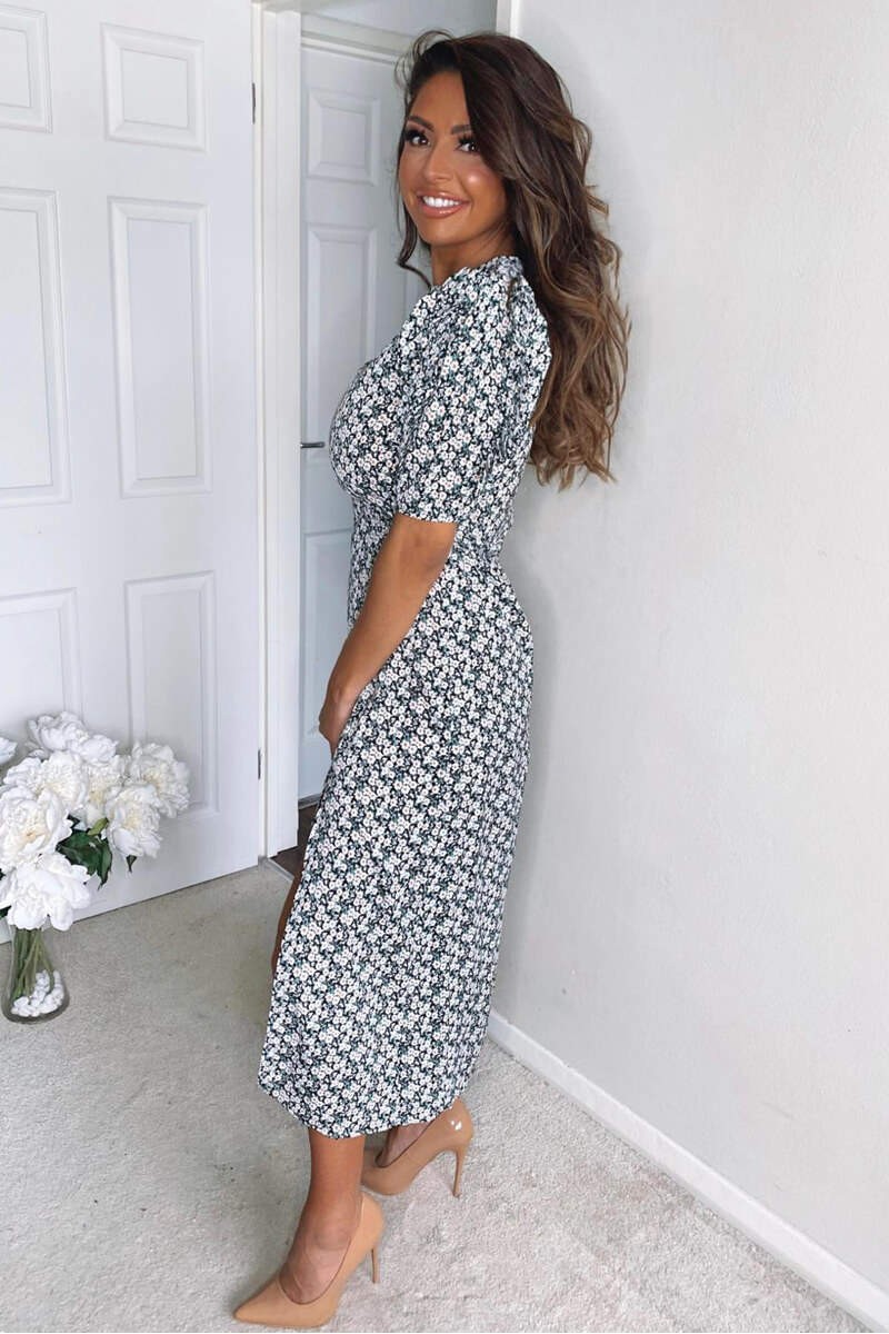 Cream Daisy Print Pleat Sleeve Midi Dress Cream Daisy Print Pleat Sleeve Midi Dress