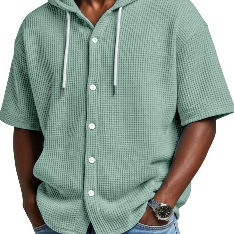 Blusa Casual de Manga Curta com Capuz e Trama Waffle, para Primavera e Verão