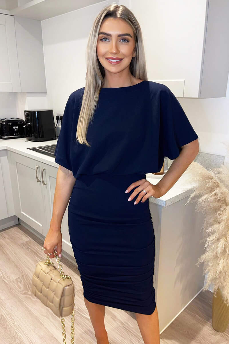 Navy Short Sleeve Side Ruched Midi Dress Navy Short Sleeve Side Ruched Midi Dress