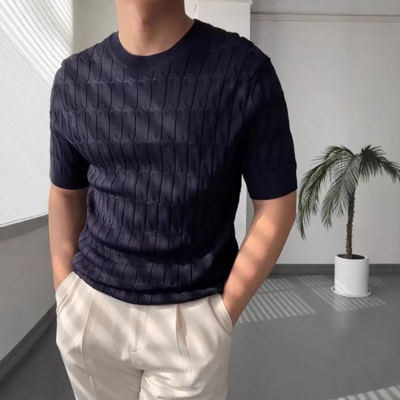 Blusa Masculina Casual de Tricô de Manga Curta, Cor Sólida