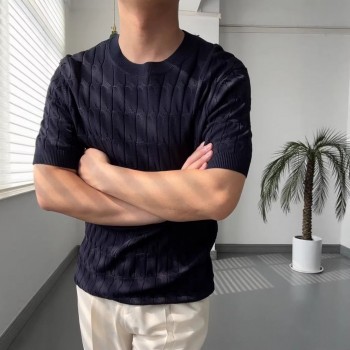 Blusa Masculina Casual de Tricô de Manga Curta, Cor Sólida