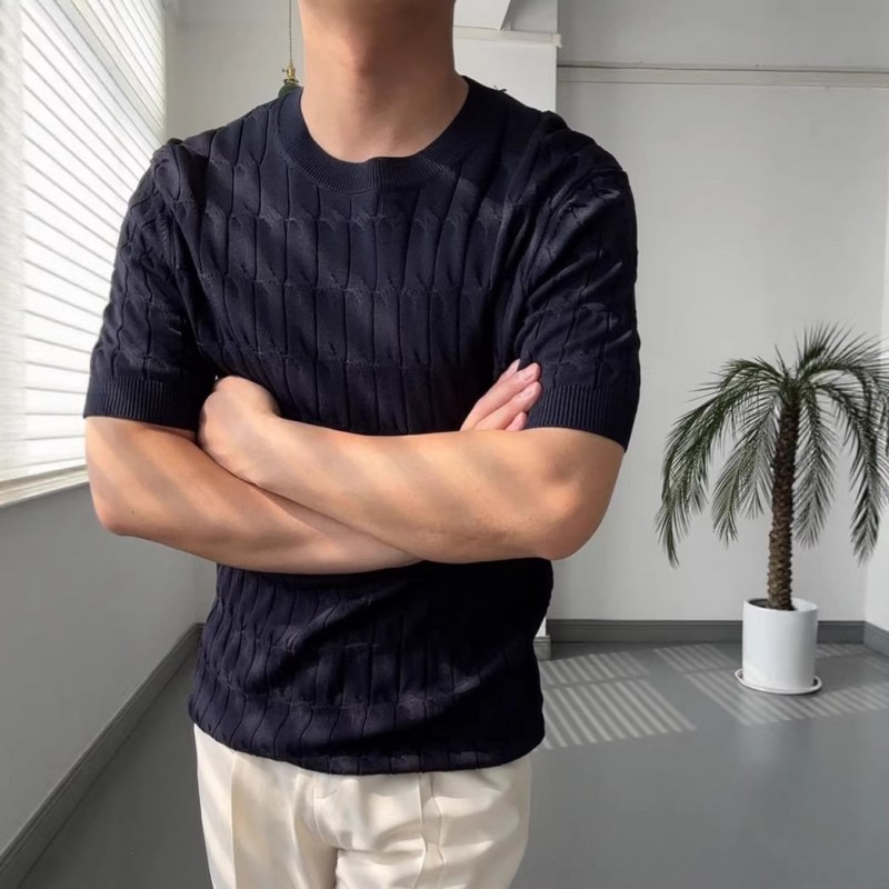 Blusa Masculina Casual de Tricô de Manga Curta, Cor Sólida
