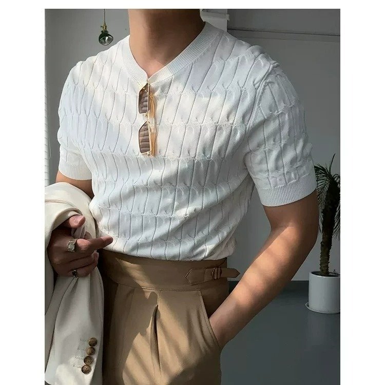 Blusa Masculina Casual de Tricô de Manga Curta, Cor Sólida