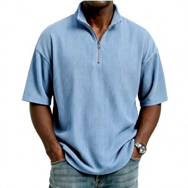 Blusa Masculina de Verão, Larga, Casual e de Cor Sólida com Trama Waffle