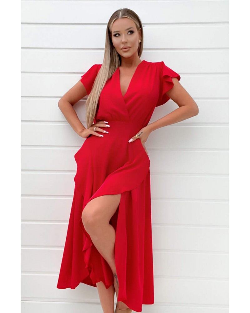 Red Frill Detail Double Split Skirt Midi Dress