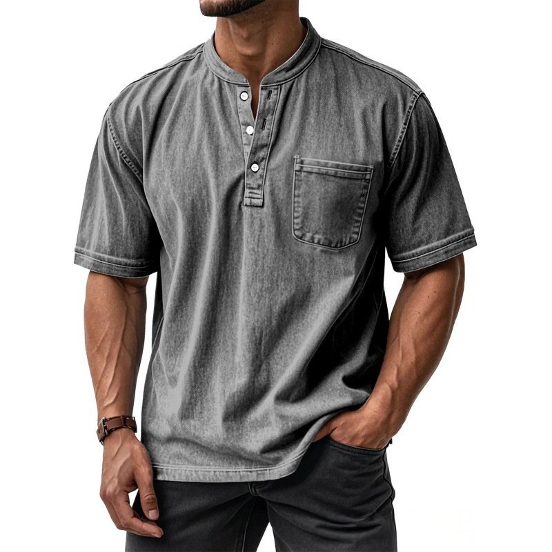 Camisa Masculina Casual de Manga Curta com Botões e Gola Redonda, Combina com Tudo