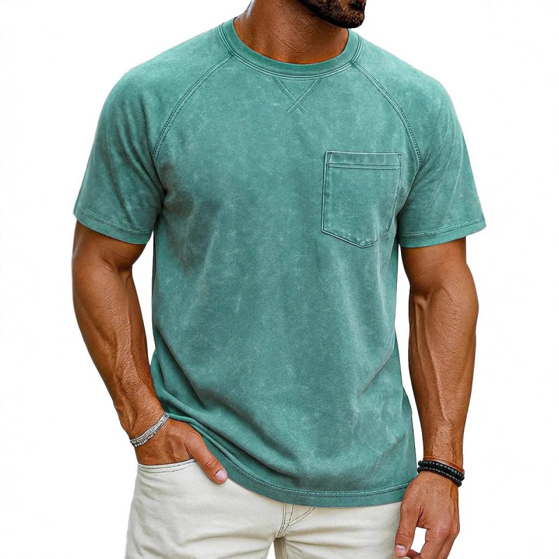 Camiseta Masculina Casual Retrô com Manga Raglan, Gola Redonda e Acabamento Envelhecido